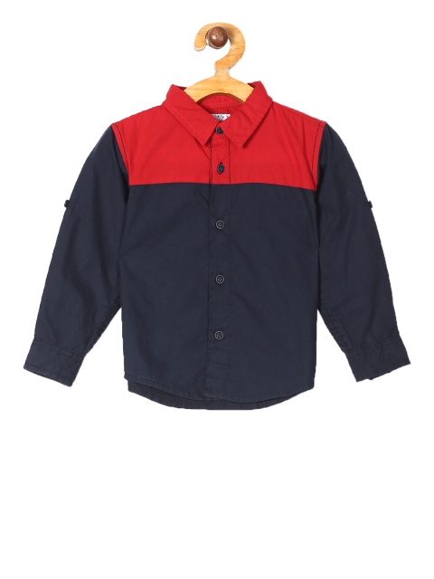Donuts Boys Navy Blue & Red Regular Fit Colourblocked Casual Shirt