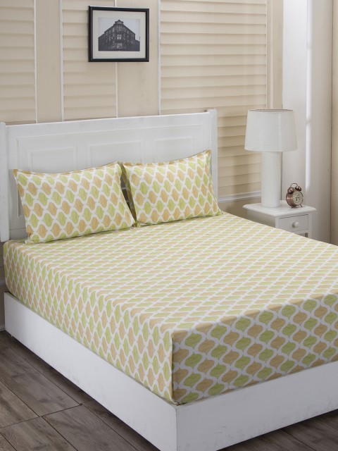 

MASPAR Green & White Abstract 210 TC Cotton 1 Queen Bedsheet with 2 Pillow Covers