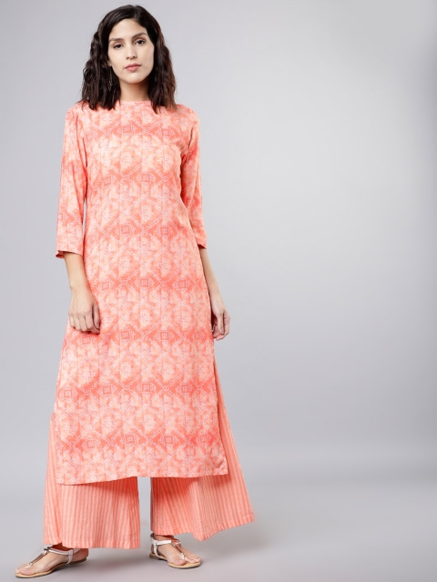 

Vishudh Women Coral Orange Printed Kurta with Palazzos