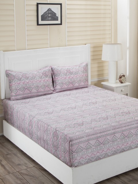 

MASPAR Pink & White Geometric 210 TC Cotton 1 Queen Bedsheet with 2 Pillow Covers