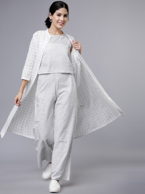 

Vishudh Women Off-White & Black Checked Top with Palazzos & Shrug