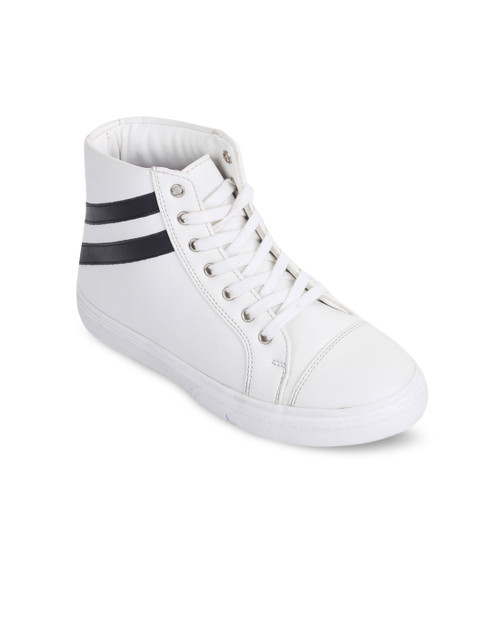

Bruno Manetti Unisex White Striped Synthetic Leather Mid-Top Sneakers