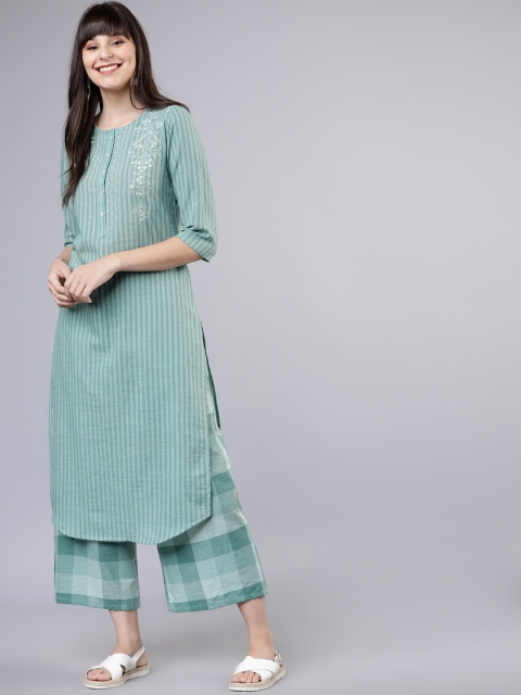 

Vishudh Women Green Striped Kurta with Palazzos