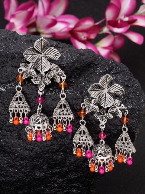 

Moedbuille Silver-Plated & Pink Handcrafted Afghan Oxidised Floral Drop Earrings