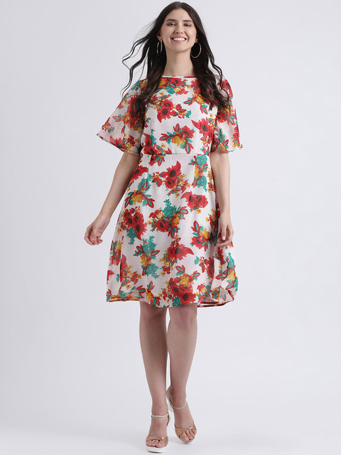 

AkaAyu Women White & Red Fit and Flare Dress
