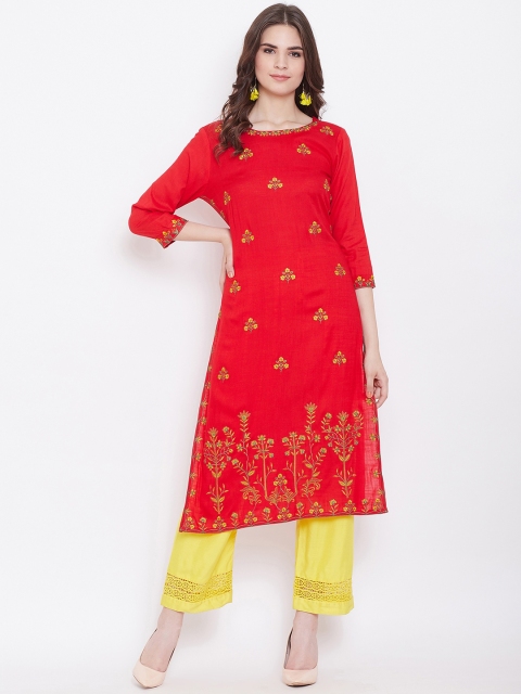 

Prakhya Women Red Floral Embroidered Straight Kurta