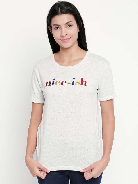 

Honey by Pantaloons Women Off-White Printed Round Neck Pure Cotton T-shirt