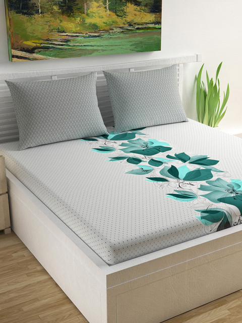 

Divine Casa White & Green Floral 144 TC Cotton 1 King Bedsheet with 2 Pillow Covers