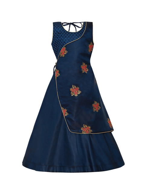 

Aarika Girls Navy Blue Maxi Embellished Wrap Silk Dress