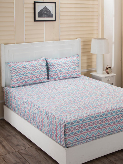 

MASPAR Blue & White Geometric 210 TC Cotton 1 Queen Bedsheet with 2 Pillow Covers