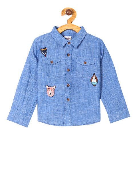 

Donuts Boys Blue Regular Fit Solid Applique Detail Casual Shirt
