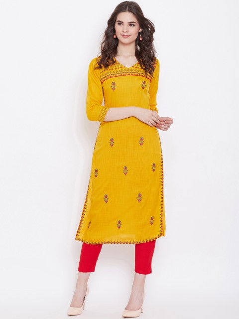 

Prakhya Women Yellow Embroidered Straight Kurta