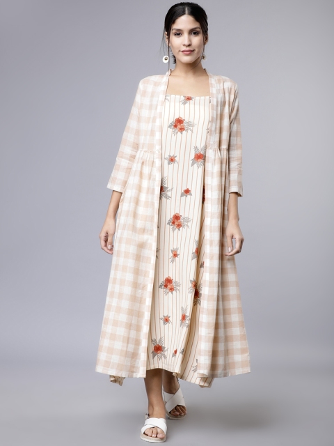 

Vishudh Women Beige Floral Printed A-Line Dress