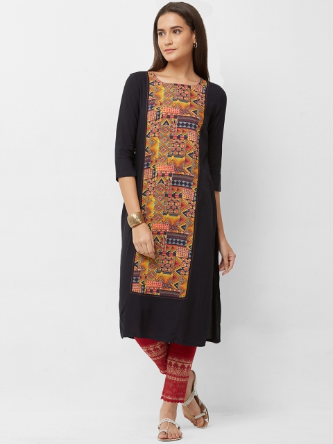 

NAARI Women Black & Yellow Printed Straight Kurta