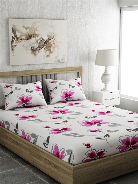 

EverHOME White & Pink Floral 210 TC Cotton 1 Queen Bedsheet with 2 Pillow Covers