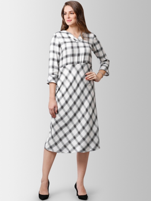 

FableStreet Women White & Grey Checked A-Line Dress