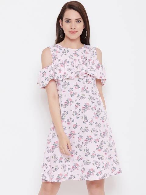 

FIZERA Women Peach-Coloured & Blue Fit and Flare Dress