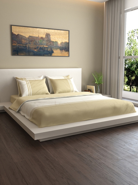 MARK HOME Cream-Coloured & Beige Colourblocked 400TC Bedding Set With Duvet Cover