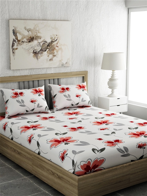 

EverHOME White & Red Floral 210 TC Cotton 1 Queen Bedsheet with 2 Pillow Covers