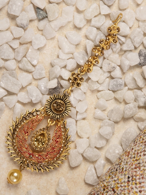 

ANIKAS CREATION Women Gold-Plated & Red Kundan Embellished Maang Tikka