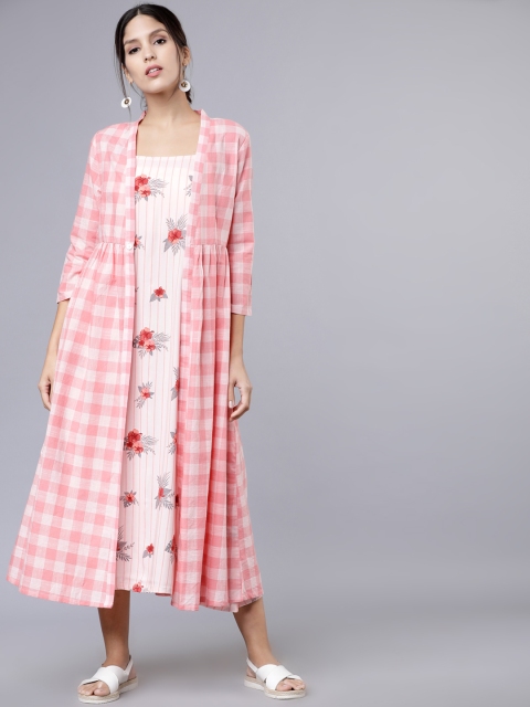 Vishudh Women Pink & White Printed A-Line Dress