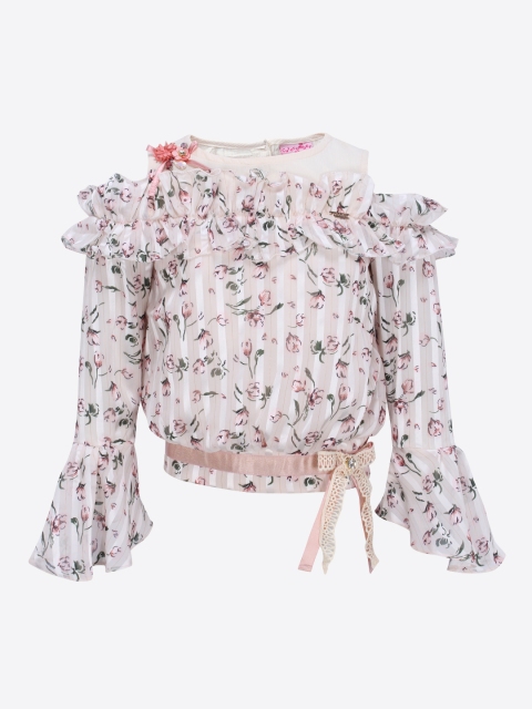 

CUTECUMBER Girls Cream-Coloured & Beige Printed Blouson Top