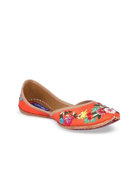 

MSC Women Orange Woven Design Leather Mojaris