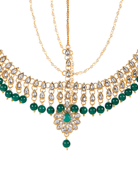 

ANIKAS CREATION Women Gold-Plated & Green Kundan & Pearl Embellished Matha Patti