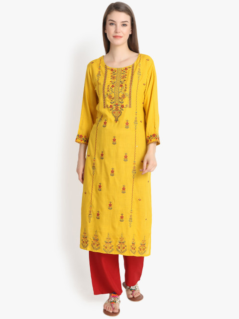 

Prakhya Women Yellow Embroidered Straight Kurta