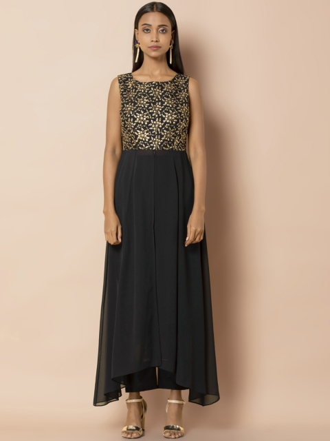 

INDYA Women Black Embroidered Front Slit High-Low Tunic