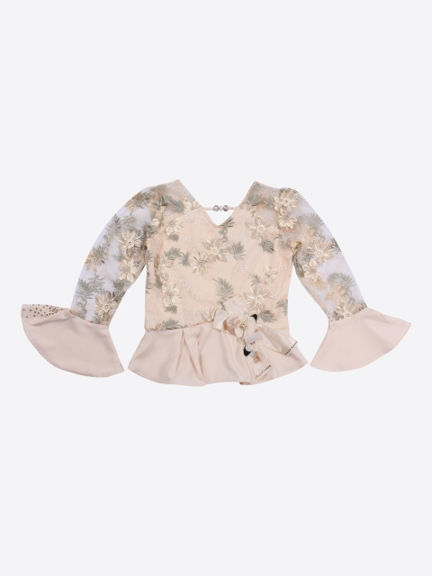 

CUTECUMBER Girls Beige & Green Embellished Bell Sleeves Peplum Top