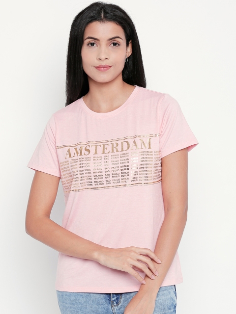

Honey by Pantaloons Women Pink and Gold-Coloured Printed Round Neck T-shirt