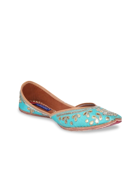 

MSC Women Turquoise Blue Embroidered Leather Mojaris