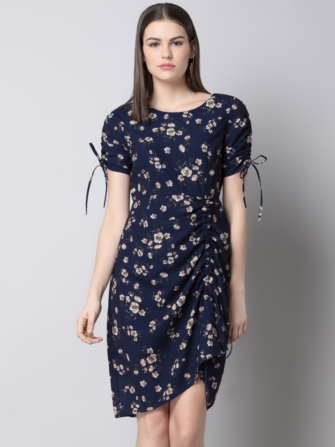 

FabAlley Women Navy Blue & Brown Floral Print Sheath Dress