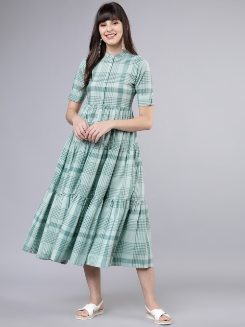 

Vishudh Women Green Checked Fit and Flare Dress
