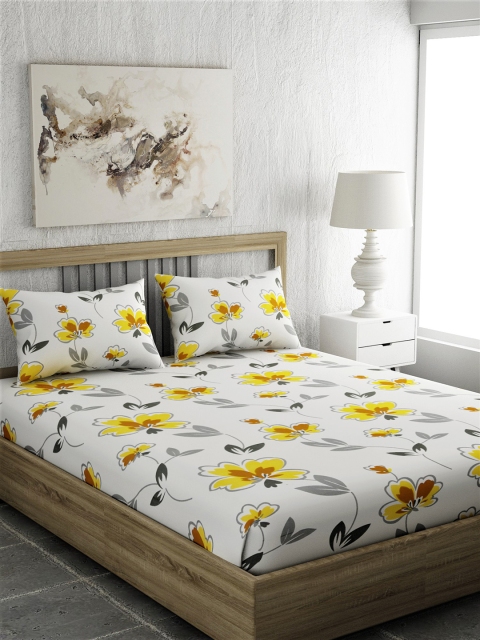 

EverHOME White & Yellow Floral 210 TC Cotton 1 Queen Bedsheet with 2 Pillow Covers