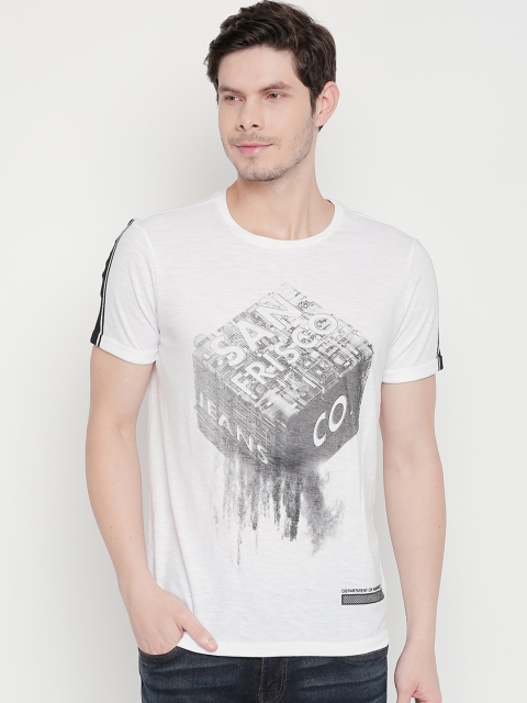 SF JEANS by Pantaloons Men White Printed Round Neck Pure Cotton T-shirt
