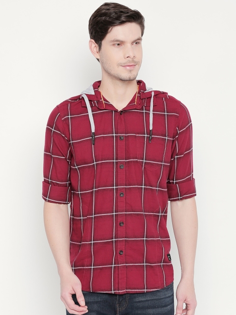 

SF JEANS by Pantaloons Men Maroon Slim Fit Checked Casual Hooded Shirt