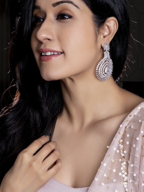 

Rubans Silver-Plated & White Handcrafted Teardrop Shaped Drop Earrings