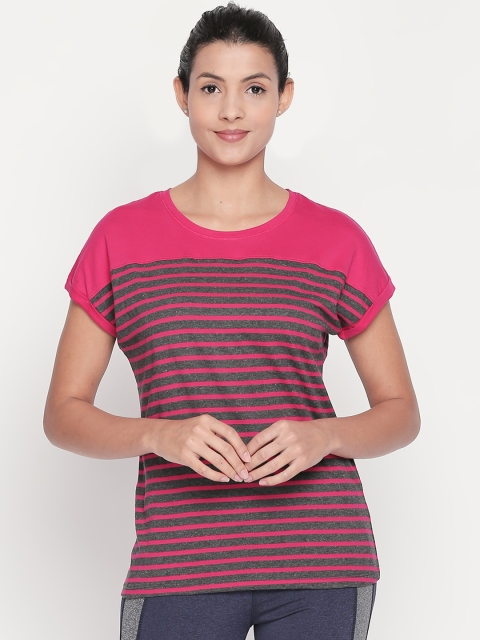 

Ajile by Pantaloons Women Pink Charcoal Grey Striped Round Neck Pure Cotton T-shirt
