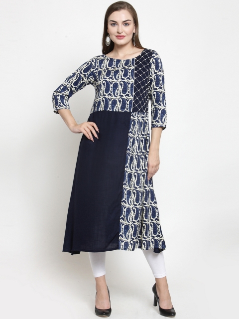 

Purplicious Women Navy Blue & Beige Embroidered A-Line Kurta