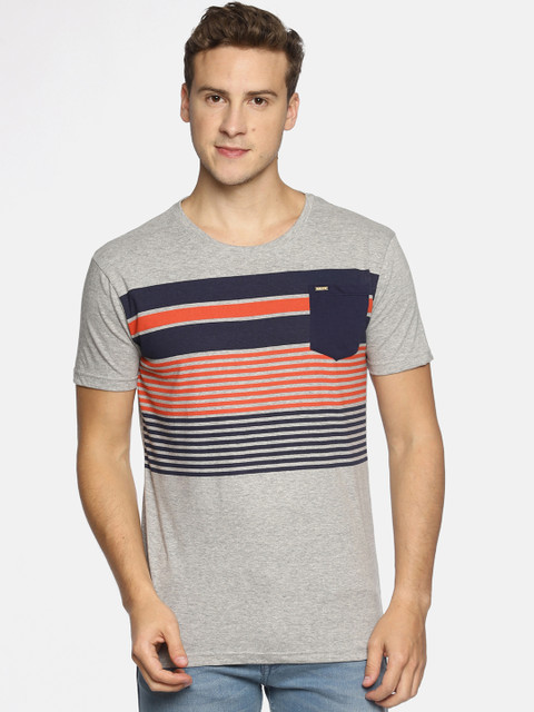 

T-Tog Men Grey Melange Striped Round Neck T-shirt