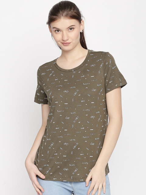 

Honey by Pantaloons Women Olive Green Printed Round Neck Pure Cotton T-shirt