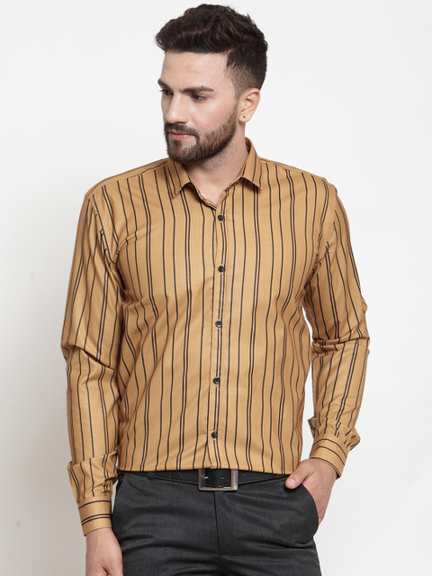 

JAINISH Men Mustard & Black Slim Fit Striped Formal Shirt