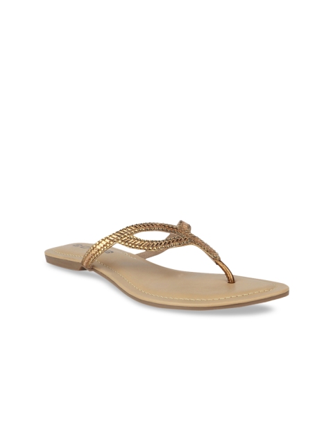 

SOLES Women Bronze-Toned Solid T-Strap Flats