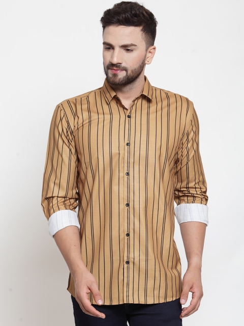 JAINISH Men Mustard Yellow & Black Slim Fit Striped Casual Shirt