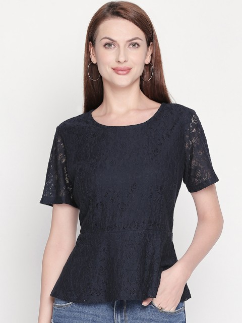 

Honey by Pantaloons Women Navy Blue Self Design Peplum Top