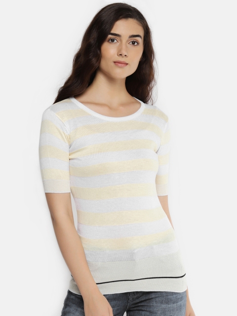 

Manola Women White & Yellow Striped Fitted Top