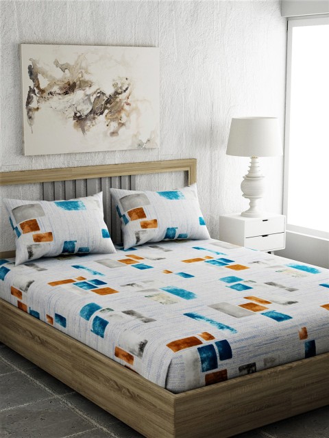 

EverHOME Off-White & Blue Geometric 144 TC Cotton 1 Queen Bedsheet with 2 Pillow Covers