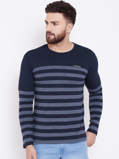 

LE BOURGEOIS Men Navy Blue Striped Round Neck T-shirt